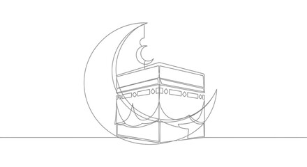 Islamic Kaaba and Crescent Moon Single Line Drawing Illustration