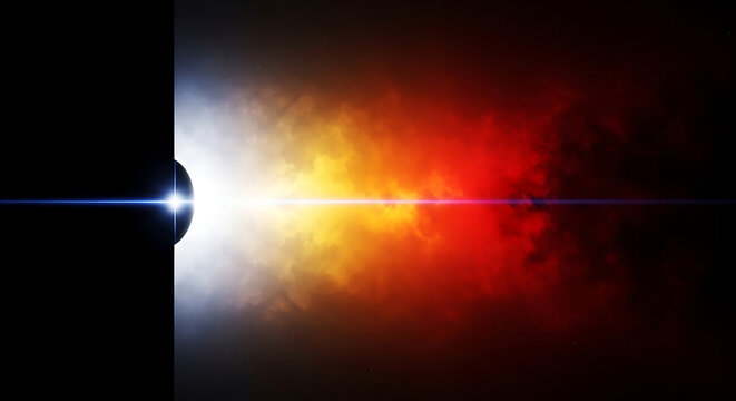 cosmic eclipse with a powerful light beam illuminating a vibrant nebula across the vast expanse of deep space.