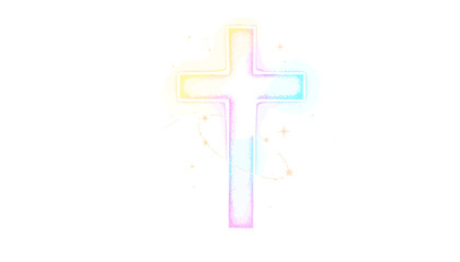 Colorful neon cross symbol on white background.
