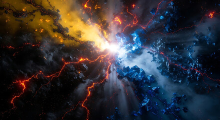 cosmic energy clash erupting with fiery lightning and blue crystals in a powerful explosion depicting elemental forces