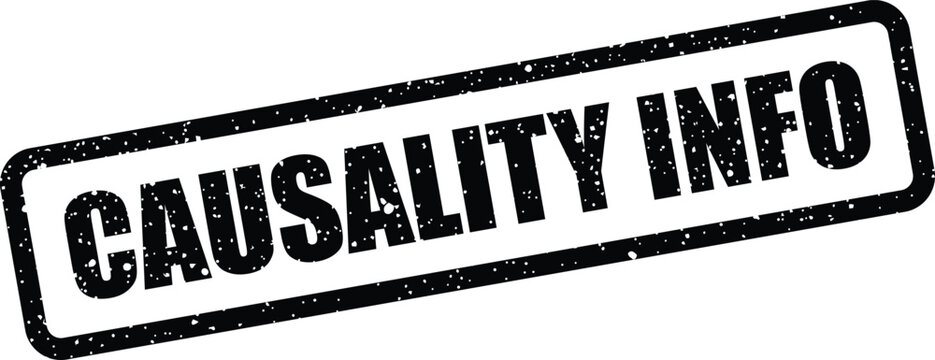 Distressed rectangular stamp bearing the phrase causality info, useful for presentations about research and knowledge
