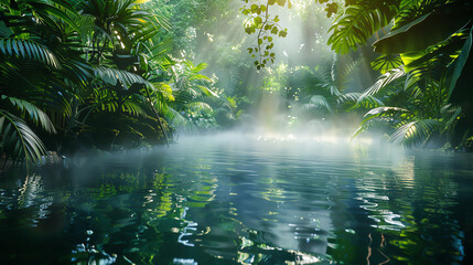 A serene jungle scene showcasing mist hovering over a tranquil water surface amidst lush green foliage.