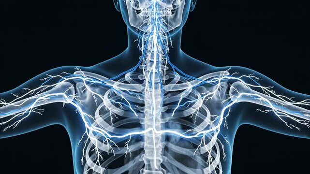  Futuristic blue holographic human anatomy, abstract X-ray visualization of nervous system and skeleton, medical CGI animation.