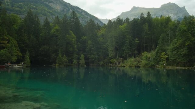 Smooth cinematic lifting shot revealing beautiful lake Blausee in Switzerland, with a forest of green trees and mountains in the background.
