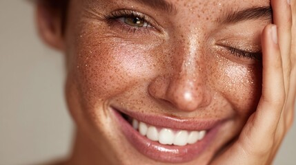 Fototapeta premium Close-up portrait of a smiling woman with freckles and shimmering glitter on her face