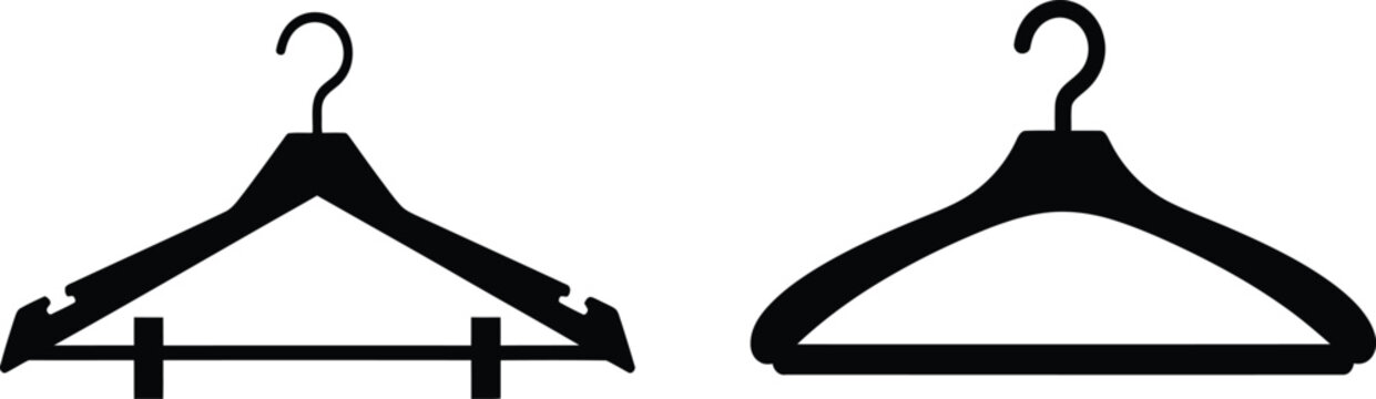 Two black plastic coat hangers with hooks for clothing organization and storage