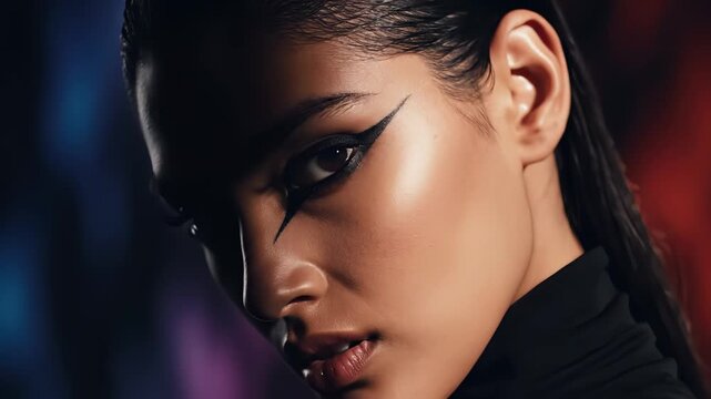Young Middle Eastern woman with sharp graphic eyeliner looking intensely at the camera in a dark studio. Cinematic high-fashion makeup and beauty portrait concept background.