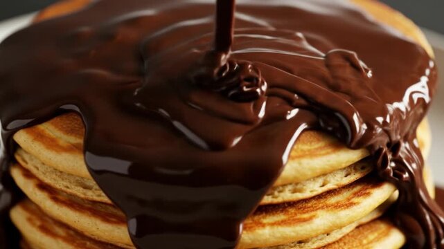 A stack of pancakes is drenched in a generous stream of dark glossy chocolate syrup