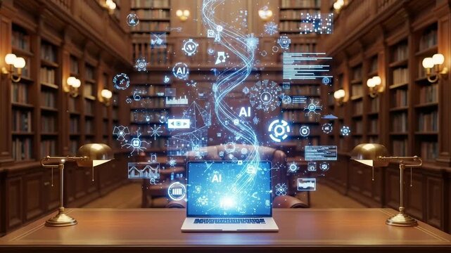 Artificial intelligence data stream animating from a laptop in a classic library environment, symbolizing knowledge evolution and digital information flow footage.