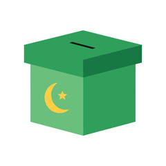 A green gift box adorned with the Pakistan flag symbol, viewed from the front, in a vector illustration style