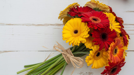 Fototapeta premium A vibrant bouquet of flowers with a rustic twine wrap, placed on a wooden surface, showcasing a variety of colors and types. 