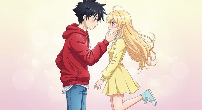 Anime Couple in Moment of Affection: A young couple, deeply in love, is captured in a tender embrace, their eyes locked in a gaze of mutual affection.