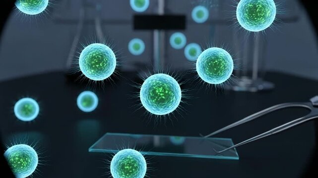 Dynamic microscopic organisms footage in motion, showing bacteria or virus cells interacting around a laboratory slide and tweezers, a biology animation.