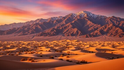 Fototapeta premium Desert Vista: An expansive desert landscape unfolds beneath a vibrant sunset, showcasing rolling sand dunes leading towards majestic mountains, with a captivating display of natural beauty. 