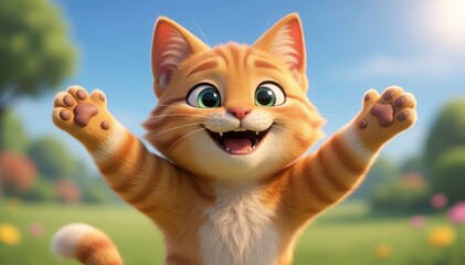 Joyful Feline: A vibrant, animated cat with an infectious smile and outstretched paws, radiating pure joy and inviting warmth.