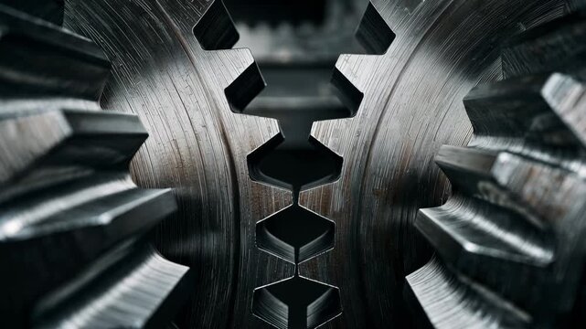 Closeup of interlocking metal gears with hexagonal cutouts in a mechanical system