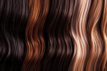 Naklejka premium Close-up of shiny wavy hair strands in various colors from blonde to dark brown, hair dye palette background