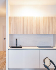 Minimalist modern kitchen in small apartment interior.