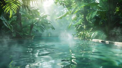 Naklejka premium A tranquil jungle scene featuring a serene pool surrounded by lush greenery and soft mist.