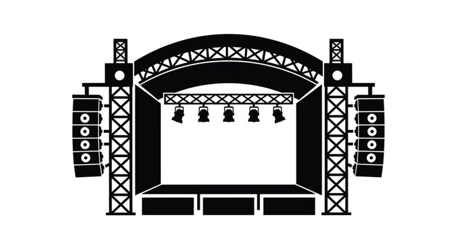 Black silhouette vector illustration of an outdoor concert stage setup with lighting equipment and large speaker towers, perfect for music event designs.