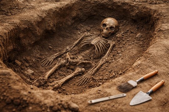 Archaeological excavation revealing a complete human skeleton in a shallow grave, skull and bones clearly exposed in soil with brushes, trowel and tools nearby at the dig site