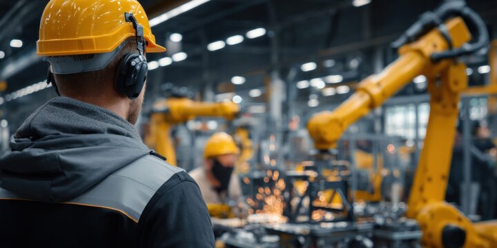 Factory worker in yellow hard hat observing automated robotic arms in a modern manufacturing plant