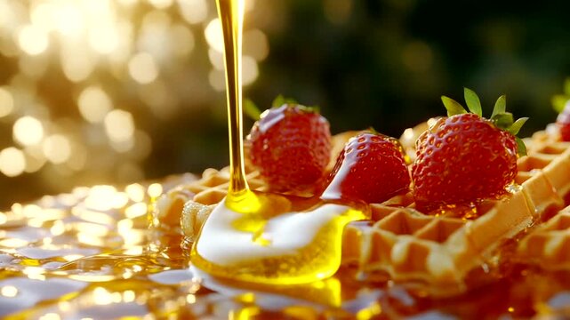 Delicious waffles topped with strawberries and syrup