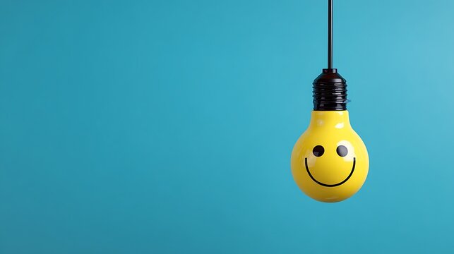 Hanging yellow light bulb displaying a happy smiley face against blue.