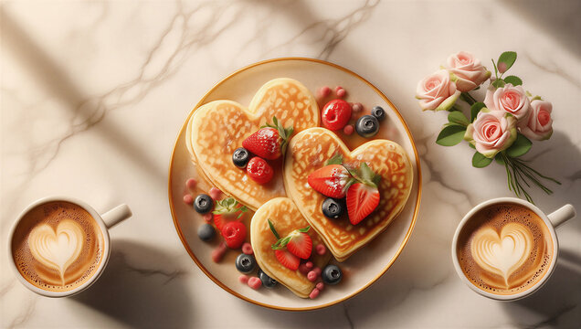 Plato con panqueques de coraz&oacute;n, fresas y ar&aacute;ndanos, acompa&ntilde;ado de dos tazas de caf&eacute; latte art y rosas rosadas sobre m&aacute;rmol.