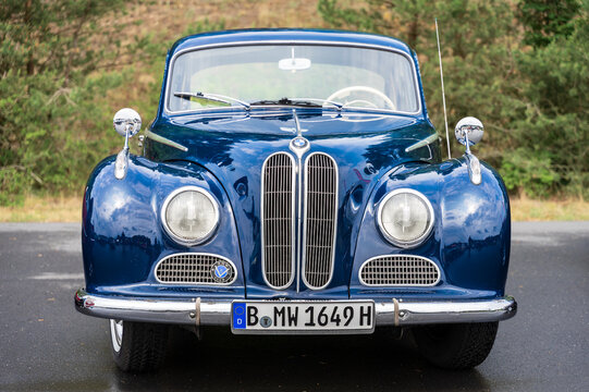 LINTHE, GERMANY - JUNE 08, 2025: The elegant blue luxury sedan BMW 501 "Barockengel" from the late 1940s early 1950s. Die oldtimer show.