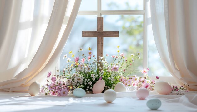 Easter Eggs and Cross by Window.