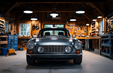 Obraz premium Front view of classic silver sports car parked inside organized wooden workshop garage with tools and lights