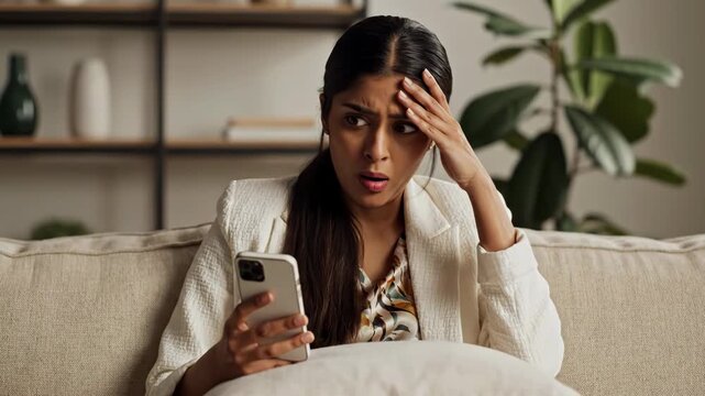 Woman sitting on a beige couch looking stressed while holding a smartphone