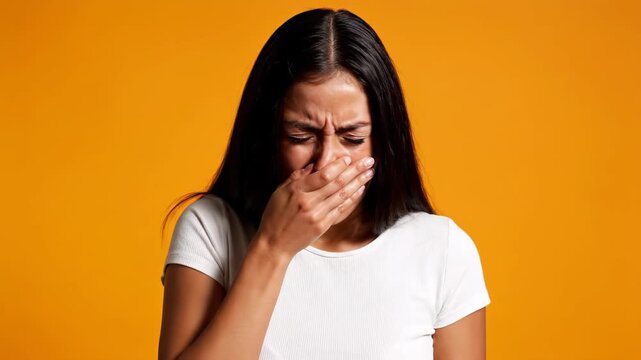 Woman with a sad expression covering her nose and mouth on an orange background