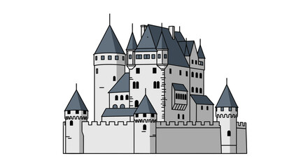 Medieval fantasy castle vector illustration, gray stone fortress with multiple towers and blue pointed roofs, flat design style, isolated on white background, clean outline, simple shading, fairytale  © Bahan