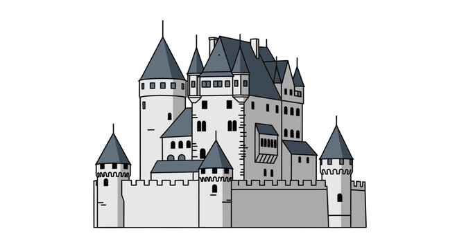 Medieval fantasy castle vector illustration, gray stone fortress with multiple towers and blue pointed roofs, flat design style, isolated on white background, clean outline, simple shading, fairytale 