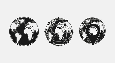 Obraz premium Global Network and Location Icons: World Map, Connected Globe, and Map Pin