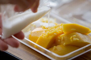 mango sticky rice with coconut milk in plastic box on wooden table - Thailand food