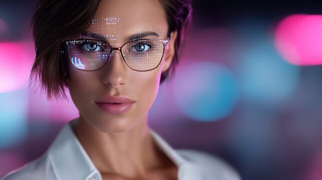 Woman wearing smart glasses with futuristic holographic interface displaying data and charts