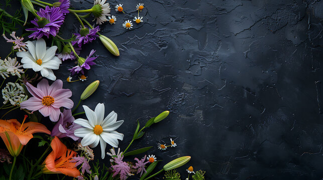 Colorful spring flowers border on dark slate with right copy space.