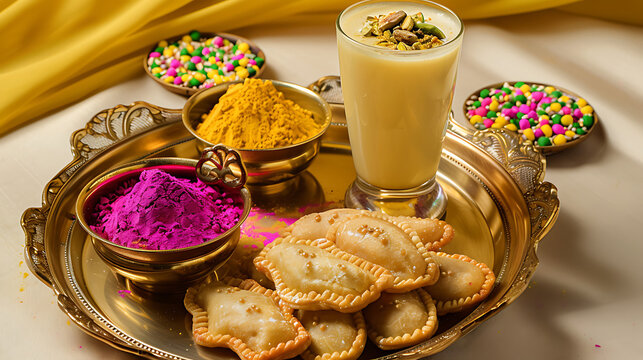 Holi festival tray with Gujiya sweets, colorful powder and Thandai.
