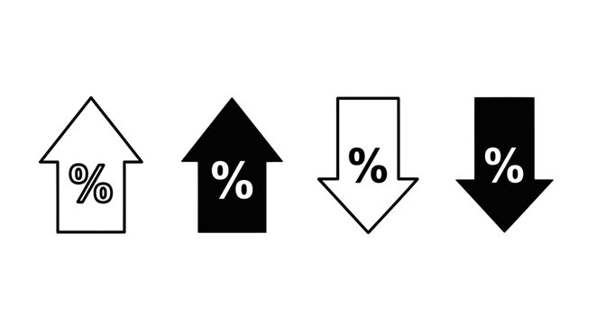 Set of four percentage icons with up and down arrows, symbolizing increase and decrease, vector graphics, simple design, black and white