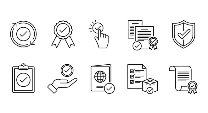 Set of icons representing choice and validation, including checkmarks and certificates, in a simple line art style on a white background, displayed from a straightforward viewpoint
