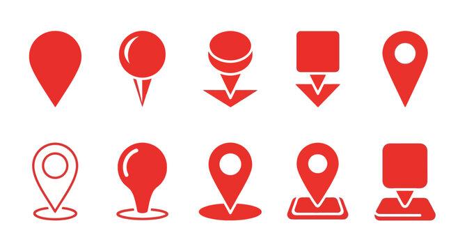 Collection of red icons representing location and navigation elements on a clean white background from a straightforward viewpoint