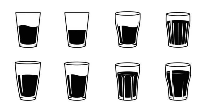 Collection of glasses with varying levels of dark liquid, illustration of drink options, icons choice (275).eps reference