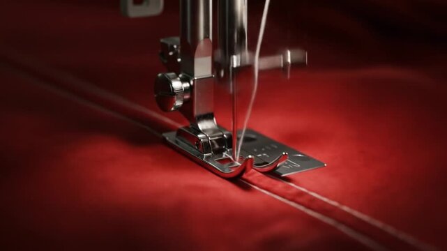 Closeup of a sewing machine stitching red fabric with needle and thread visible