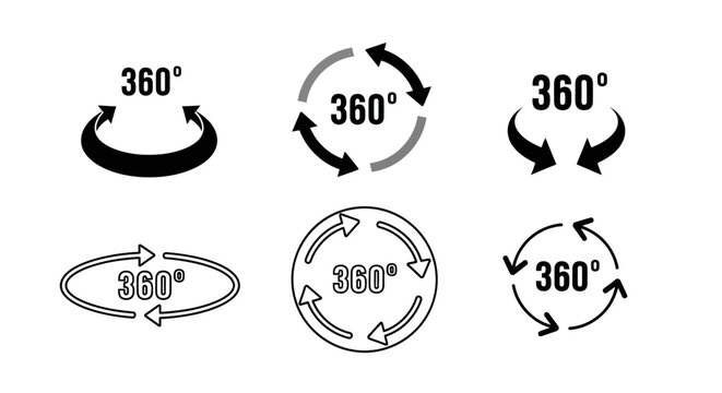 Collection of 360-degree rotation icons in various styles and designs displayed together on a clean background