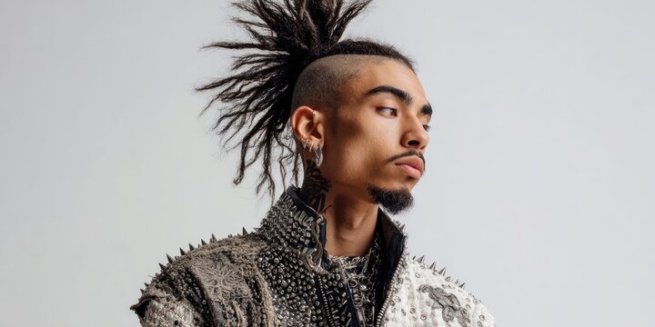 Young man with dreadlocks and mohawk hairstyle wearing a studded jacket