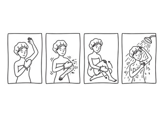 Naklejka premium Skincare exfoliation routine using body mitt for smooth skin in bathroom shower