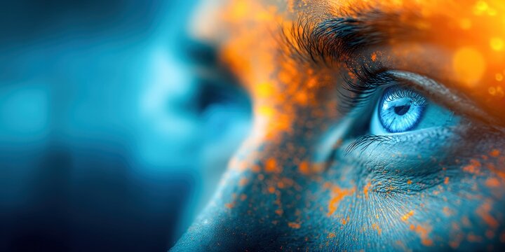 Close-up of a human eye with vibrant blue iris and orange particles on skin
